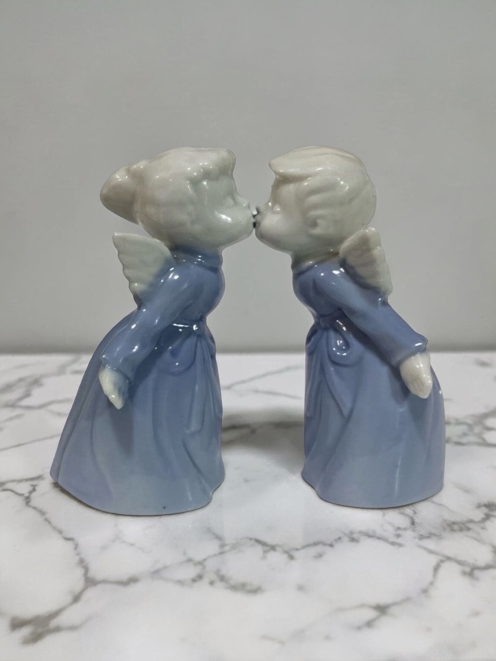 Vintage Blue & White Boy & Girl Ceramic Porcelain Kissing Angels Figurines